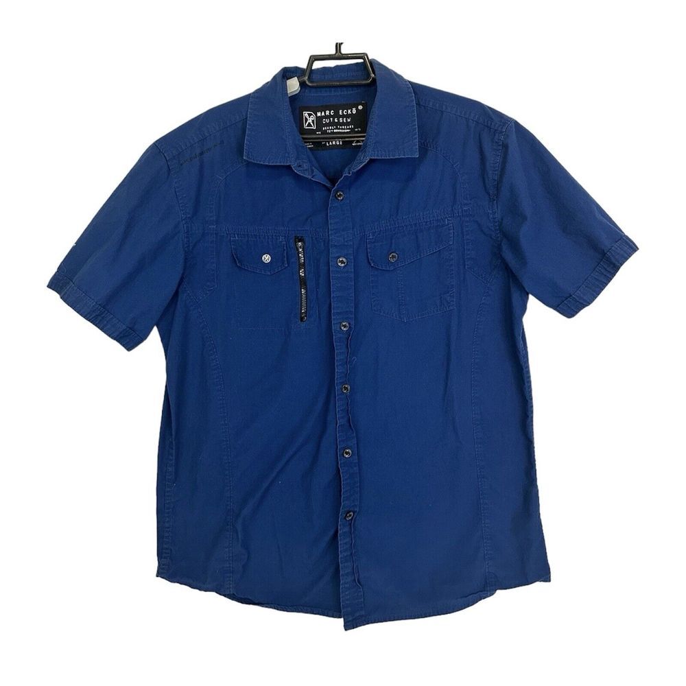 Marc Ecko Shirt Mens Large Cut & Sew Button Up Y2K Streetwear Pockets‎ Blue